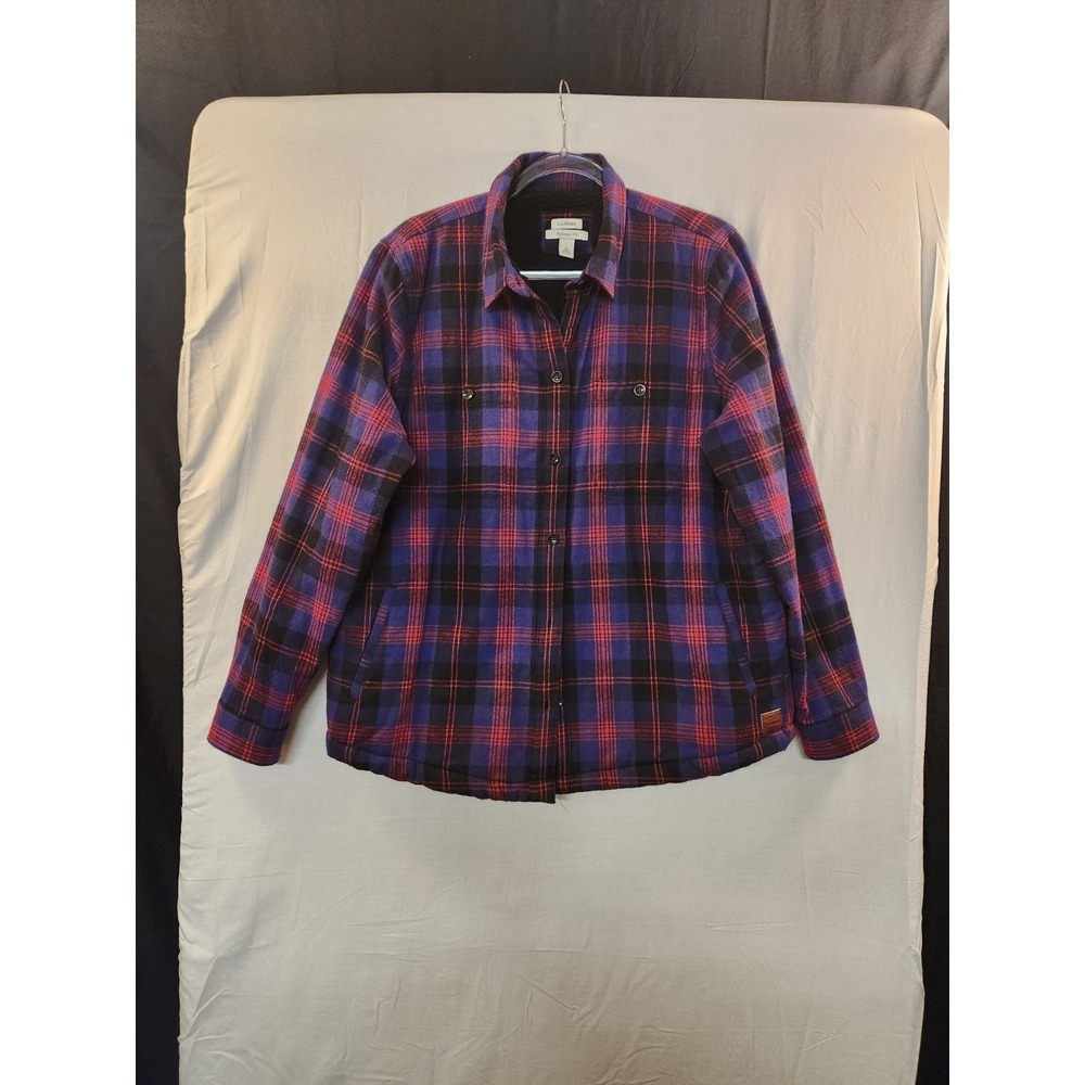 LL Bean Women's Purple Plaid‎ Sherpa Lined Flannel Shirt Jacket Size L Rugged